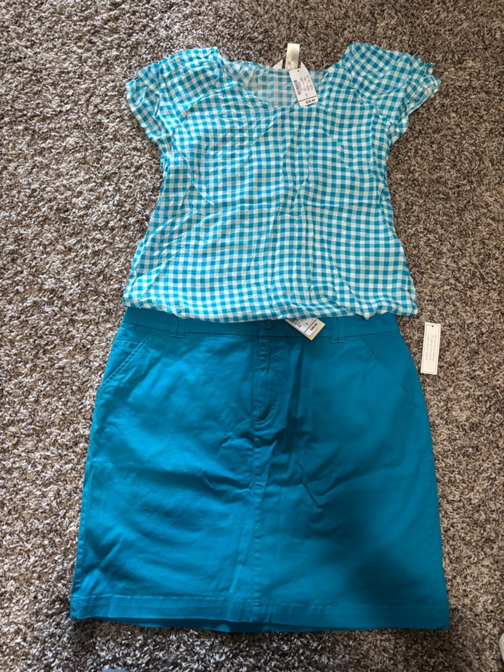 Christopher & Banks Blue Gingham Short Sleeve Blouse (S) with Teal Skort (Sz 10)